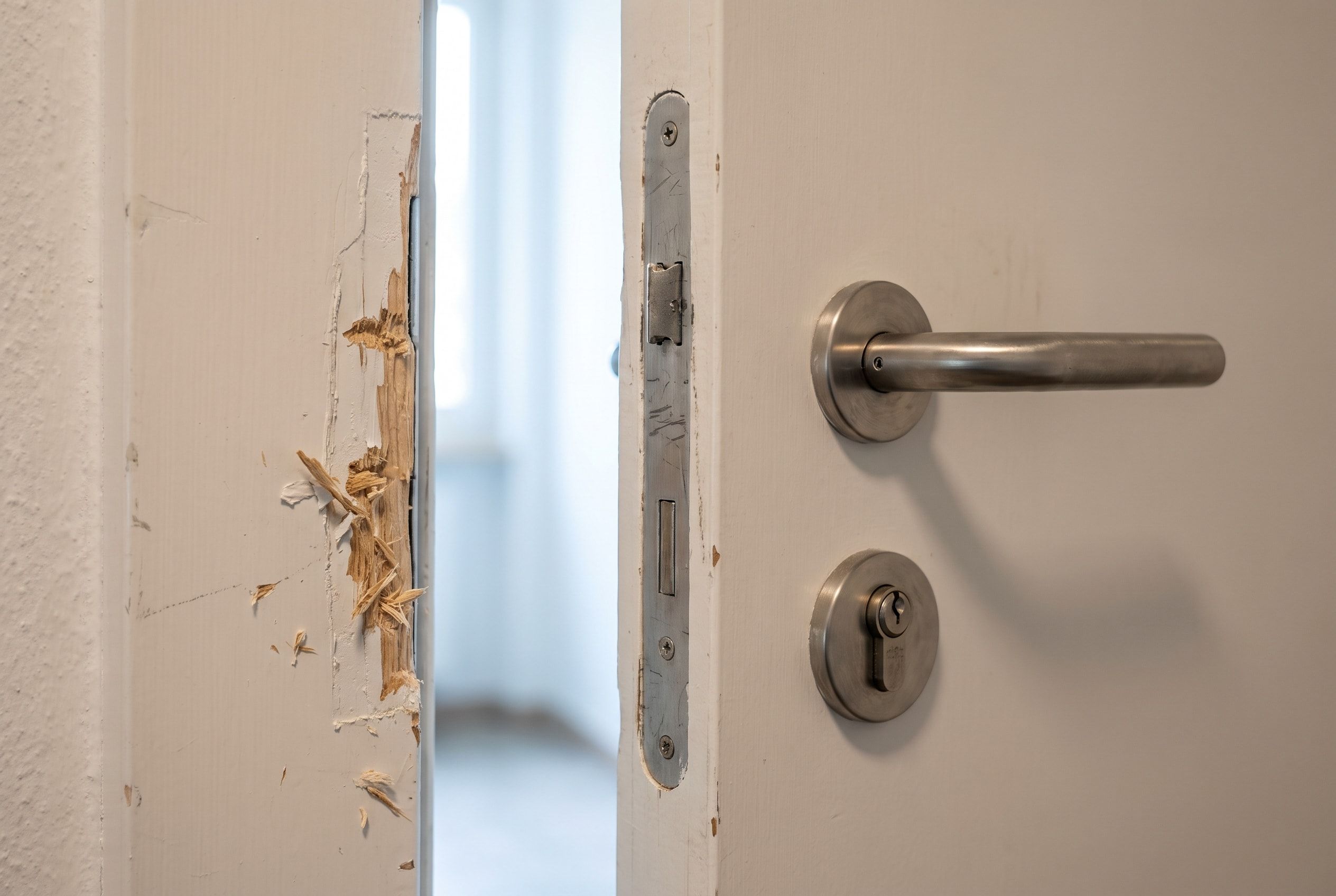 Hebelspuren am Türrahmen neben dem Schliessblech